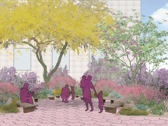 Perspective render of a garden and people sitting and walking through the garden.